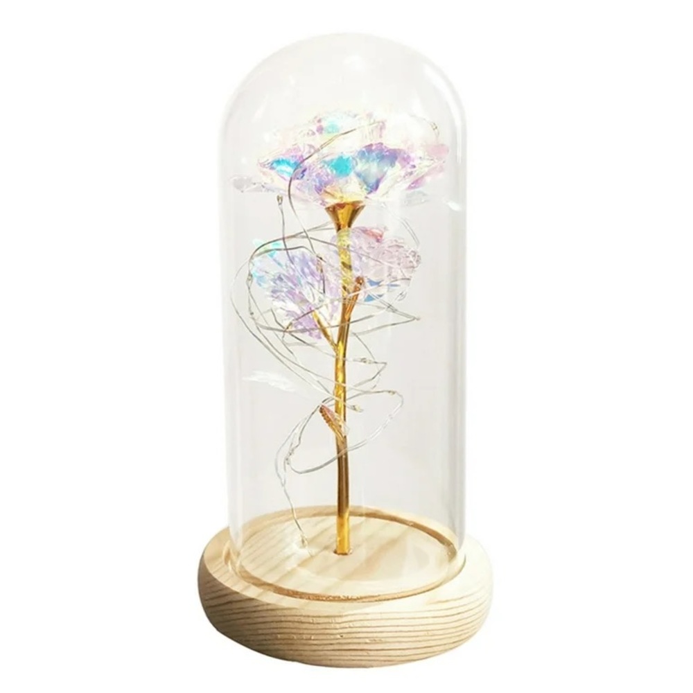 NIB Enchanted Rose Colorful LED Crystal Rose in glass dome